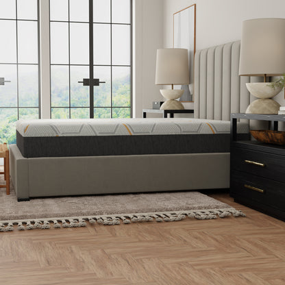 12 inch Copper Mattress in a Bedroom with a bed, nightstand. Gray mattress on a wooden floor with a modern bedroom setting.