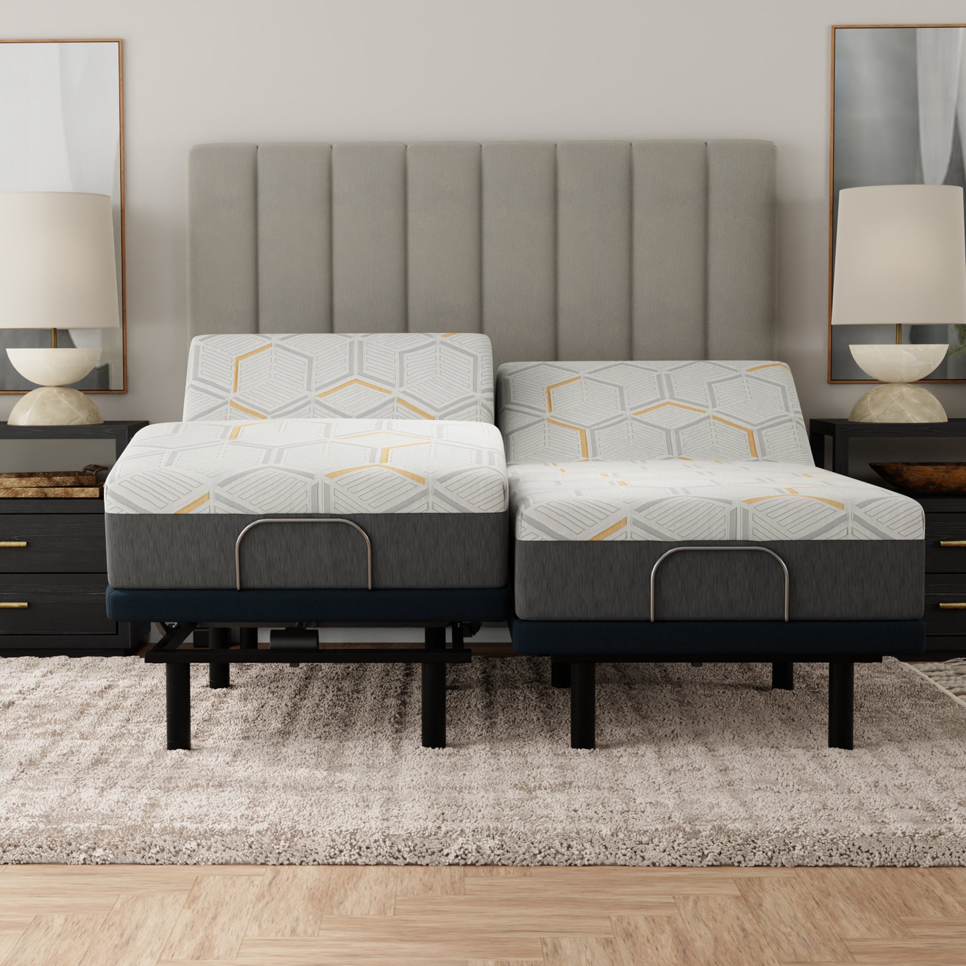 Gray upholstered bed with geometric patterned mattress in a bedroom setting. Split King copper mattress (complete split- two Twin XLs)