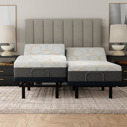 Gray upholstered bed with geometric patterned mattress in a bedroom setting. Split King copper mattress (complete split- two Twin XLs)