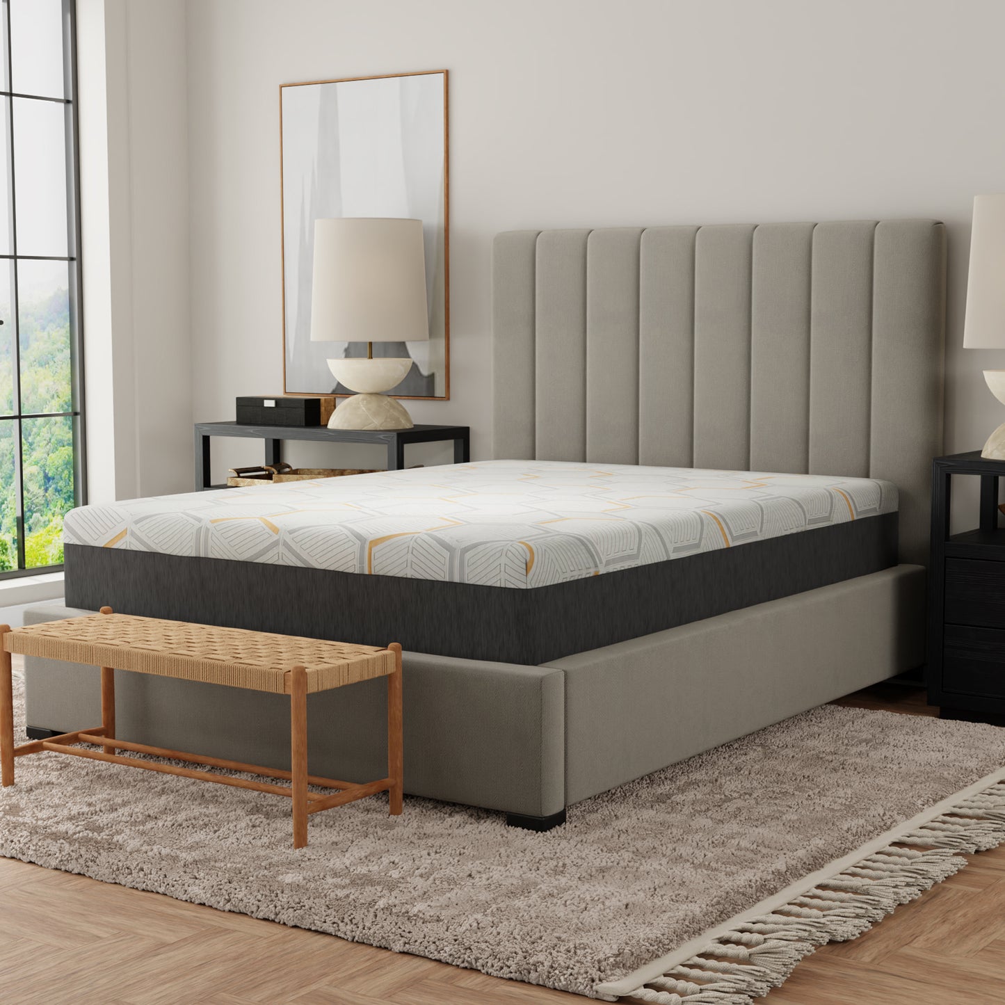 Gray upholstered bed with white mattress in a bedroom setting. Queen size copper mattress
