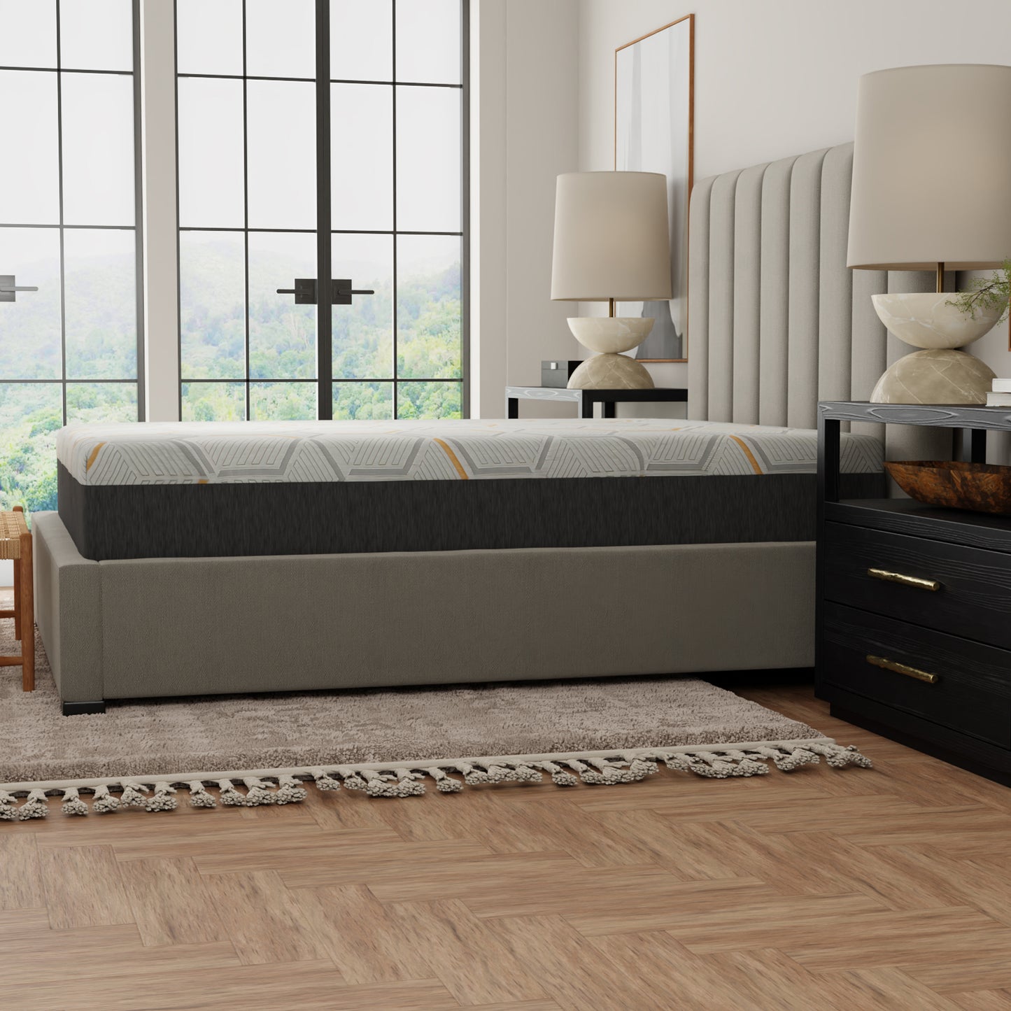 Gray mattress on a wooden floor with a modern bedroom setting. Side view of Queen size copper mattress laid flat on bed.