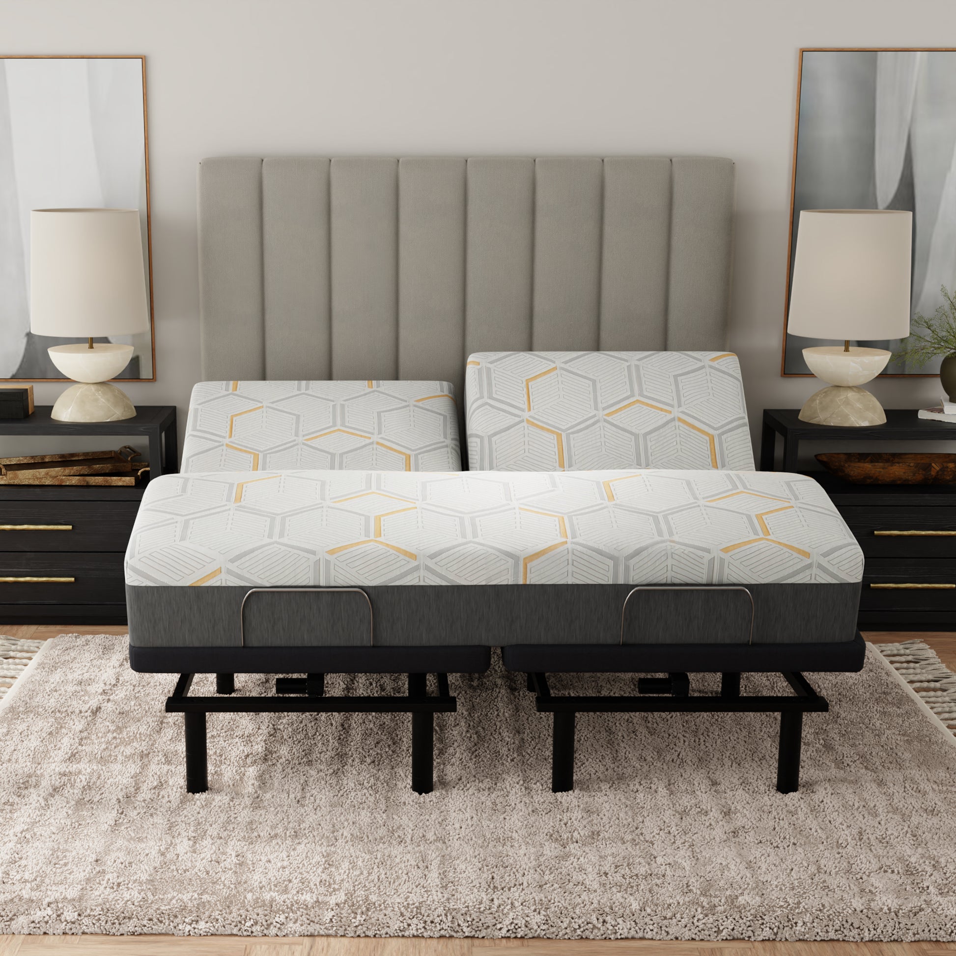 Bed with geometric patterned mattress in a bedroom setting. 12 inch copper mattres with a split head in king size (foot of mattress does not split)