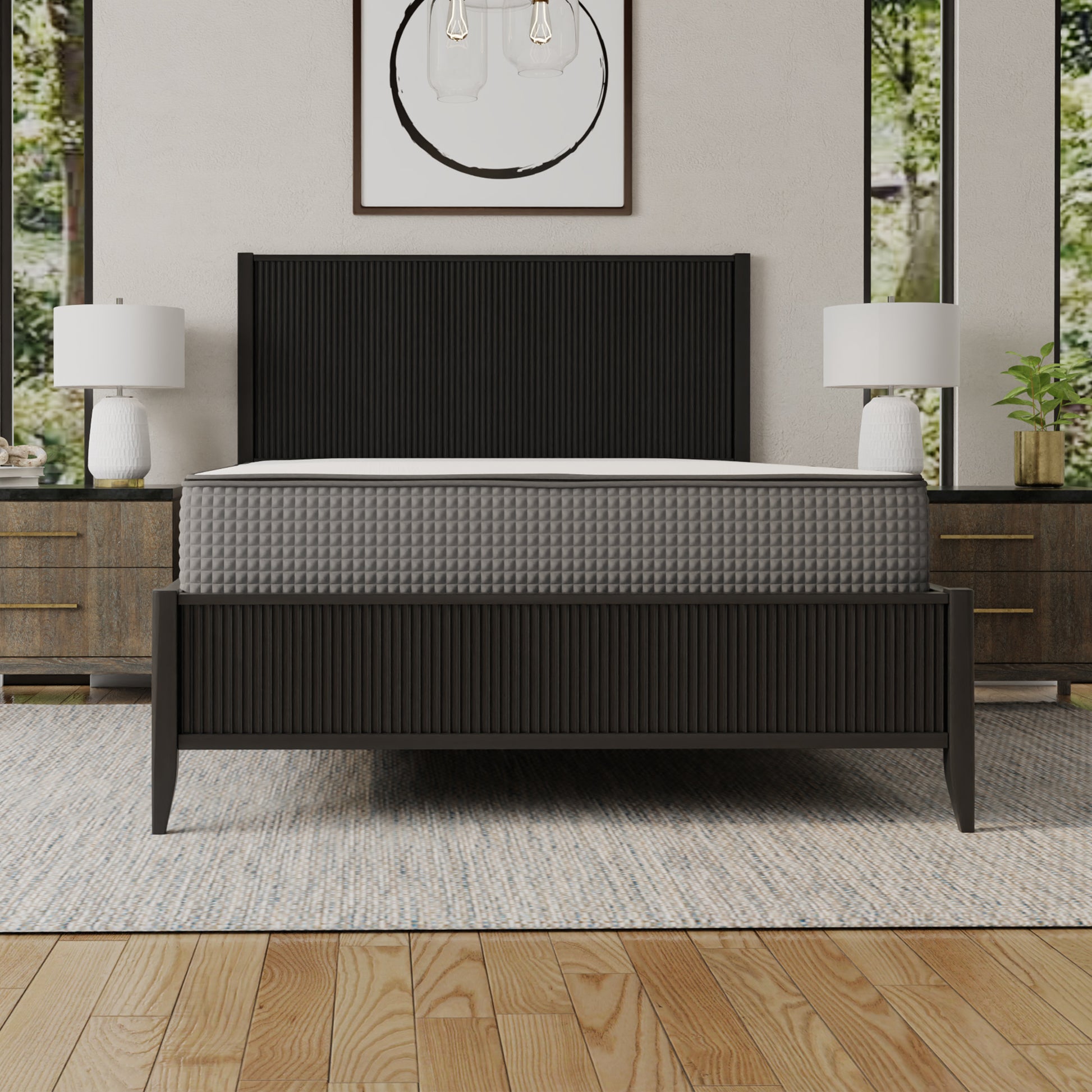 Modern bedroom with a 12" bed / mattress, nightstand, lamp, and plant. Queen size mattress, top white and sides gray. 2-sided mattress (one side firmer, one side softer)- flippable