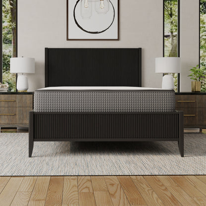 Modern bedroom with a 12" bed / mattress, nightstand, lamp, and plant. Queen size mattress, top white and sides gray. 2-sided mattress (one side firmer, one side softer)- flippable