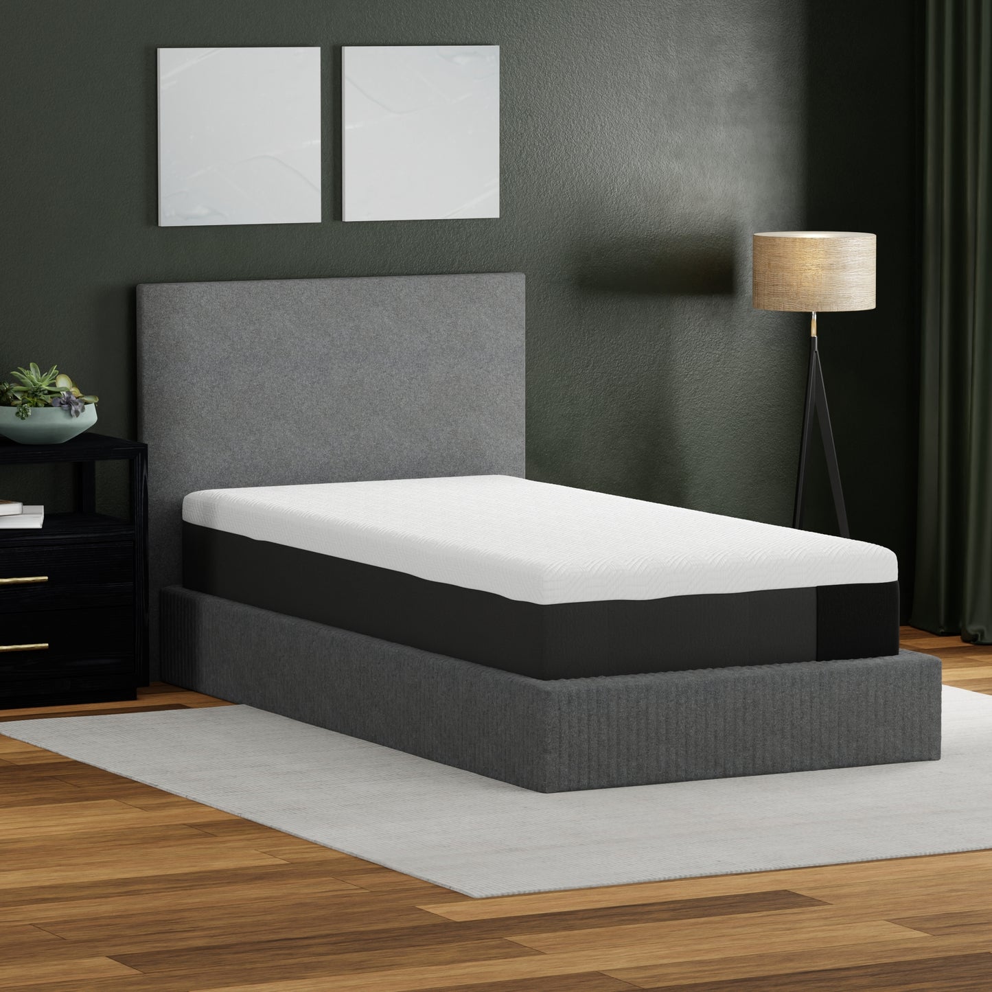 12 inch soft memory foam mattress in modern bedroom. upholstered bed. Twin XL size