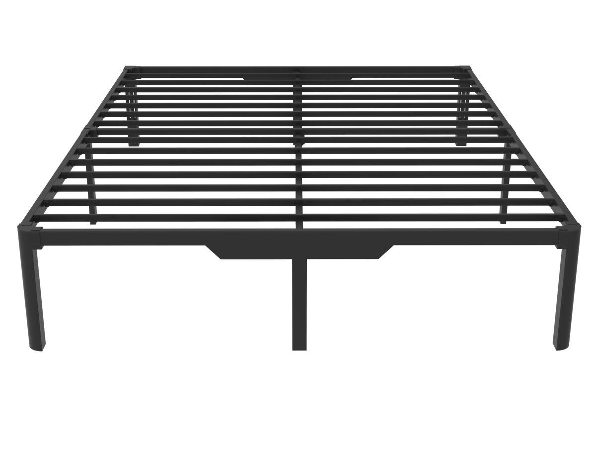 Front view of the Owen Holmes black steel platform bed frame showing steel slats and center support leg