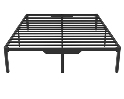 Front view of the Owen Holmes black steel platform bed frame showing steel slats and center support leg
