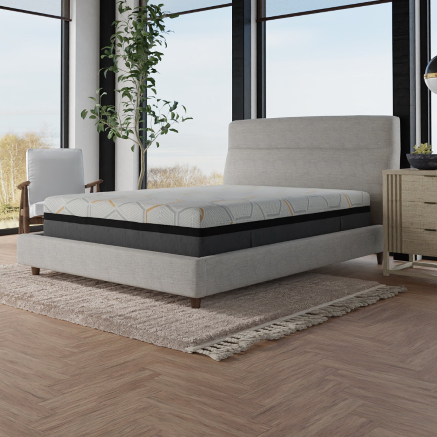 Bed with a mattress in a room with large windows and a plant.