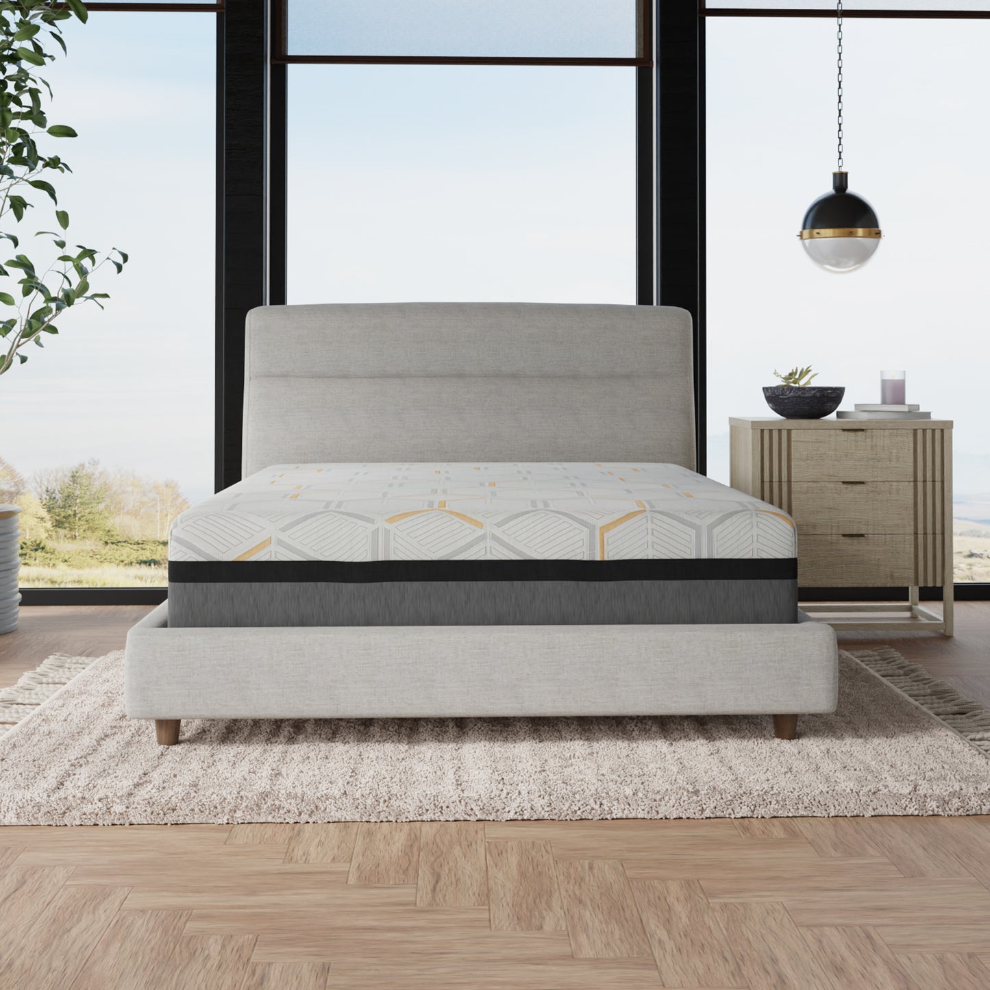 14 inch Hybrid Mattress with geometric patterned mattress in a modern bedroom setting