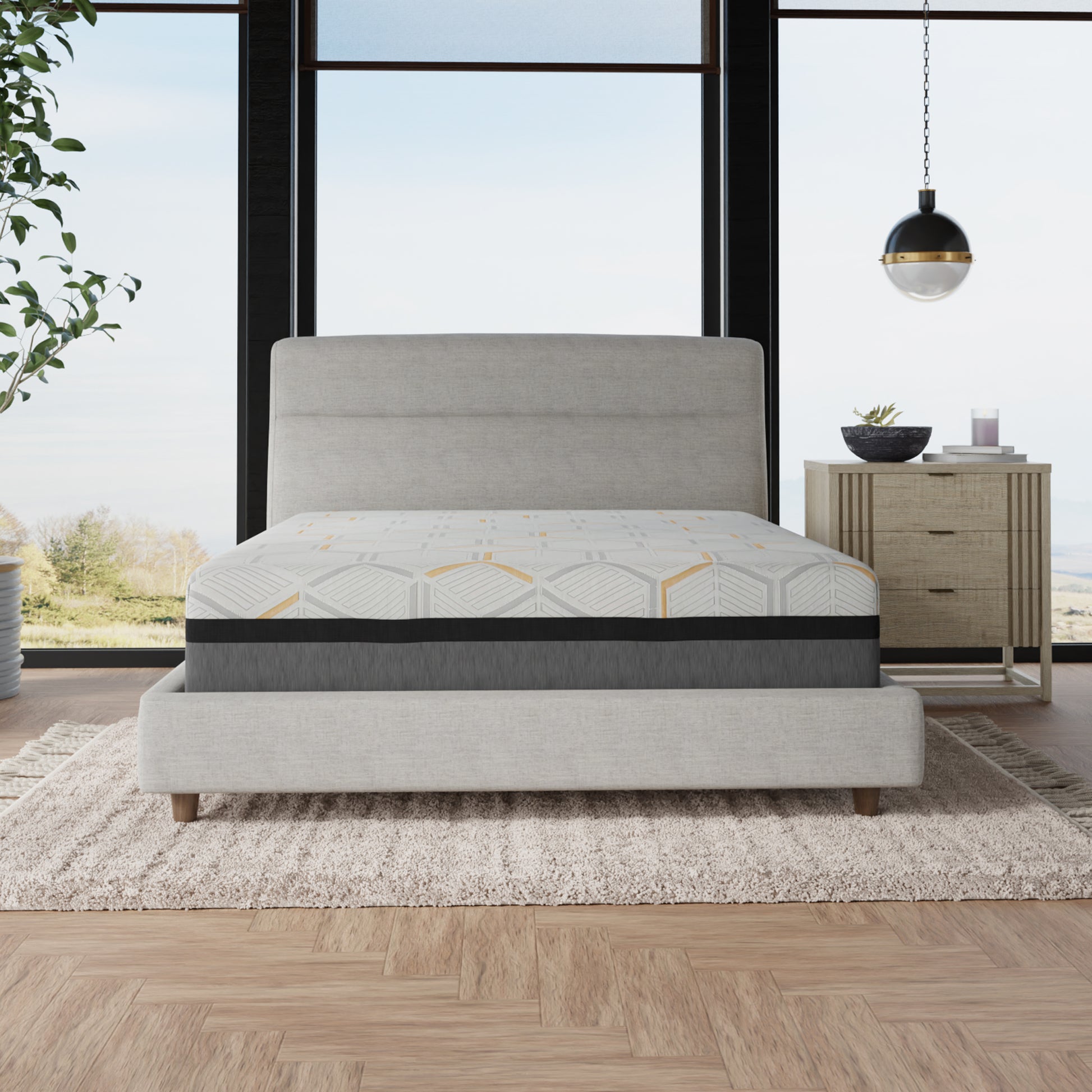 14 inch Hybrid Mattress with geometric patterned mattress in a modern bedroom setting
