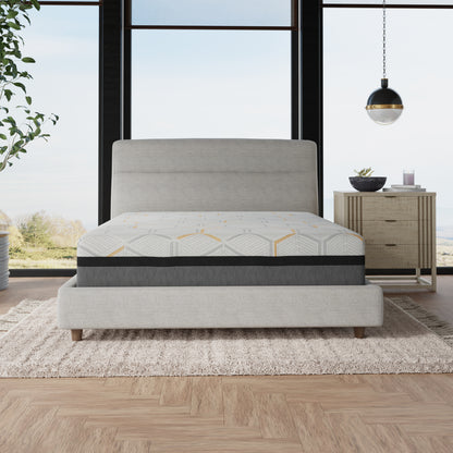 14 inch Hybrid Mattress with geometric patterned mattress in a modern bedroom setting