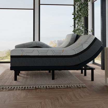 Adjustable bed in a room with large windows and plants