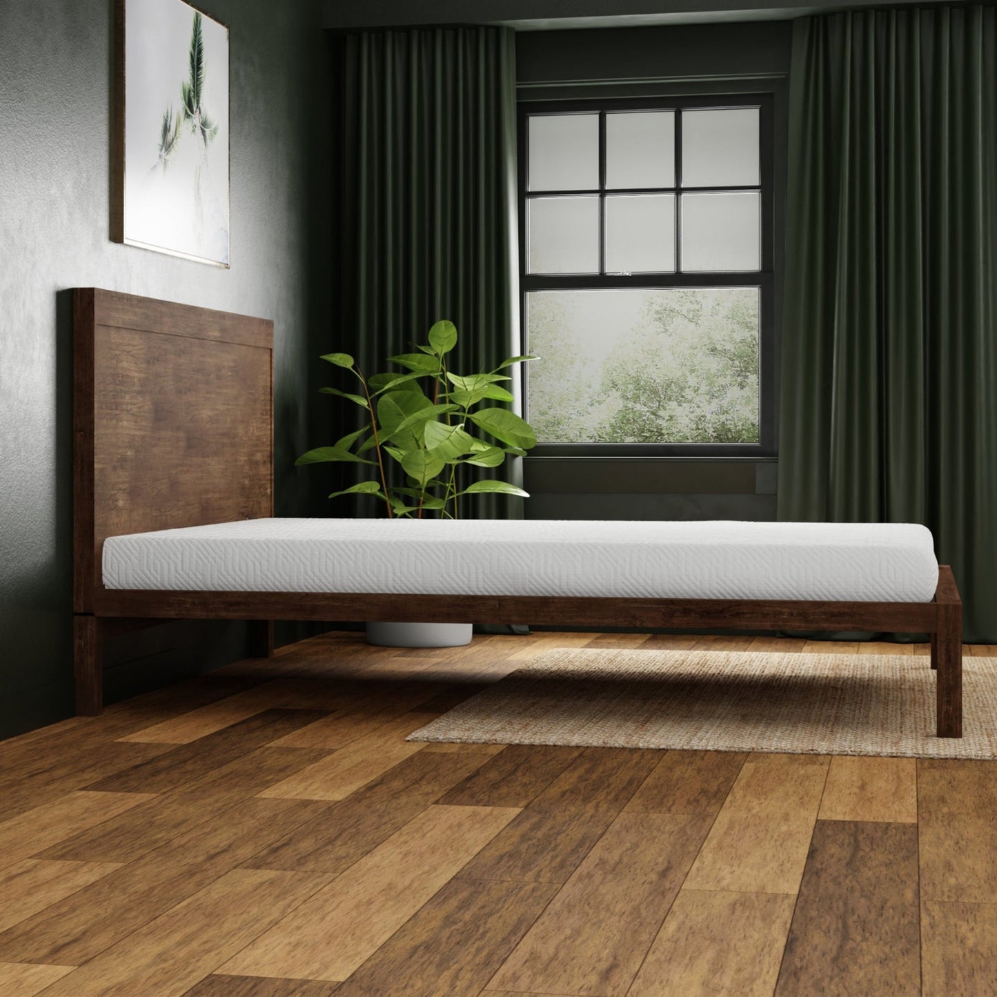 Wooden bed with white mattress in a room with dark curtains and a plant.