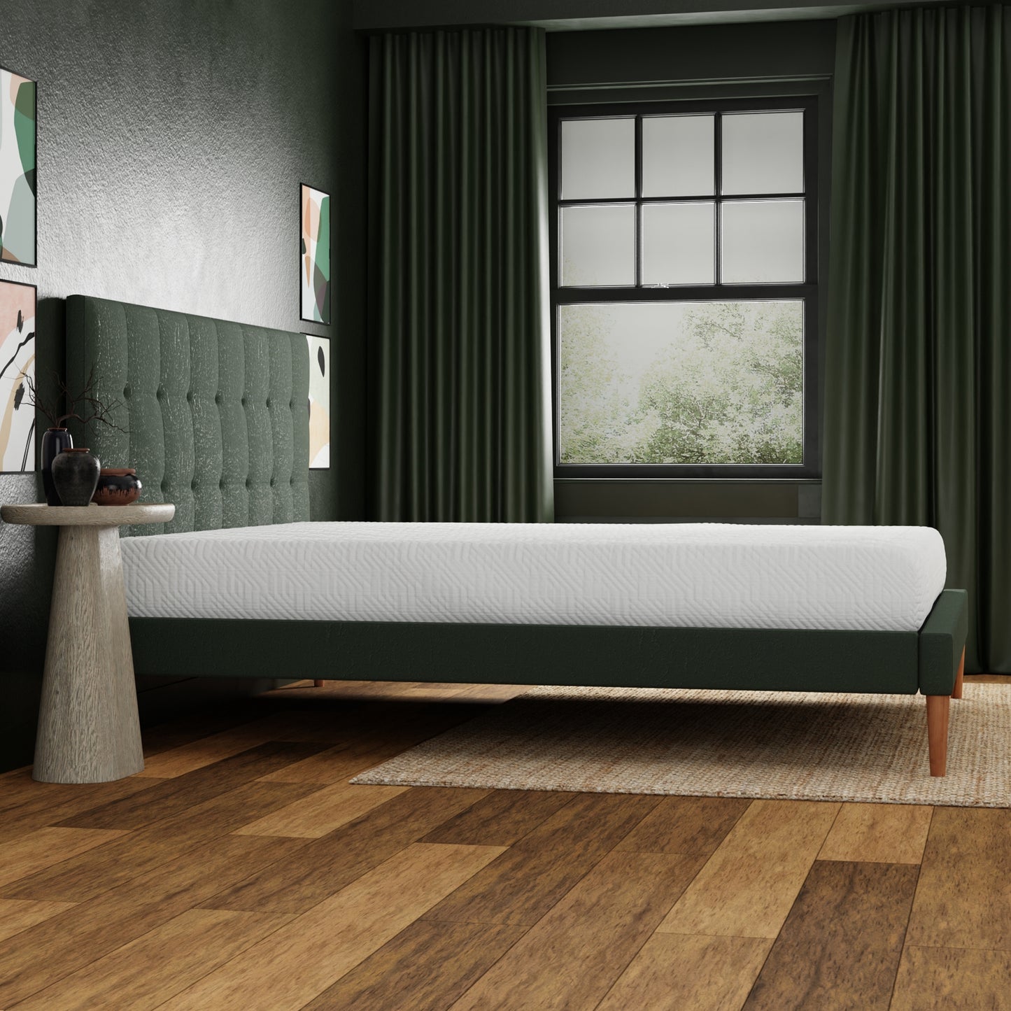 8 inch medium firm memory foam mattress- Full size, upholstered bed in modern bedroom setting