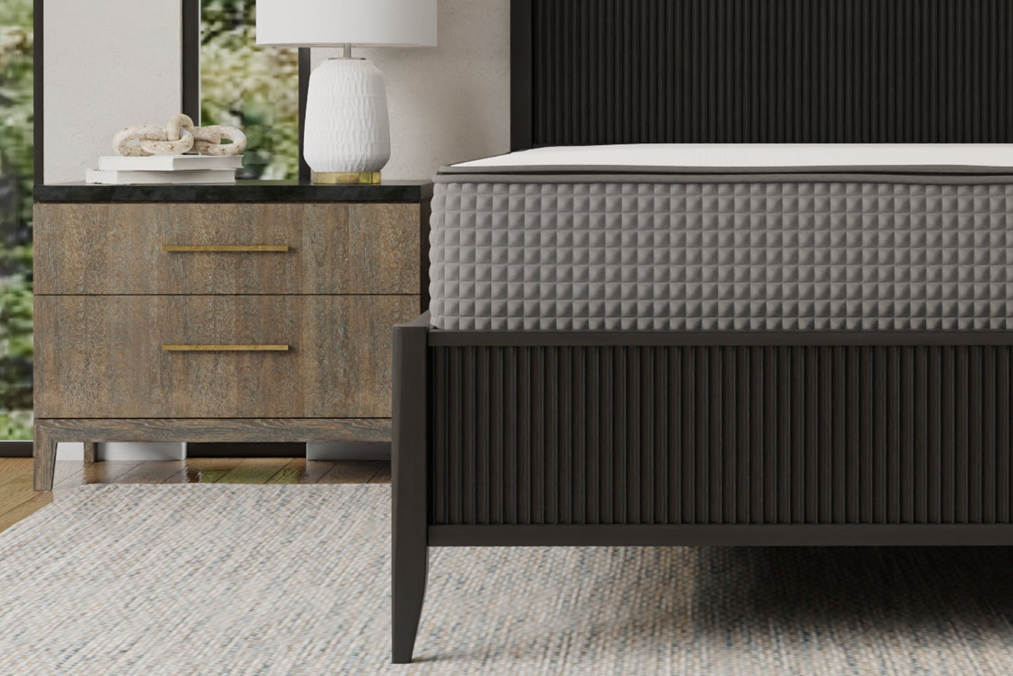 AdaptSleep 12 inch 2-sided mattress. Flippable mattress- firm and soft sides. Modern bedroom with a bed, nightstand, and lamp.