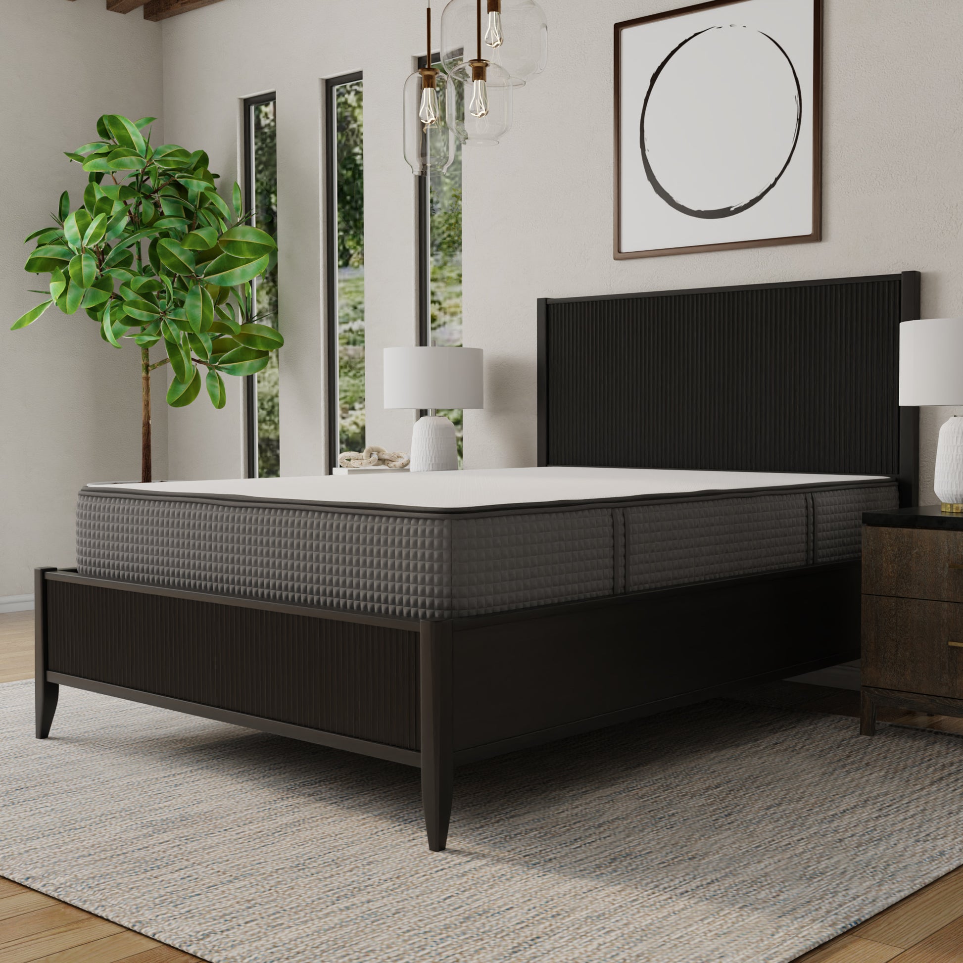 Modern bedroom with a bed / mattress, nightstand, lamp, and plant. Queen size mattress, top white and sides gray. 2-sided mattress (one side firmer, one side softer)- flippable