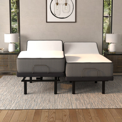 Gray and white mattress on an adjustable bed in a bedroom setting with lamps and decor. 2 Twins make a split king