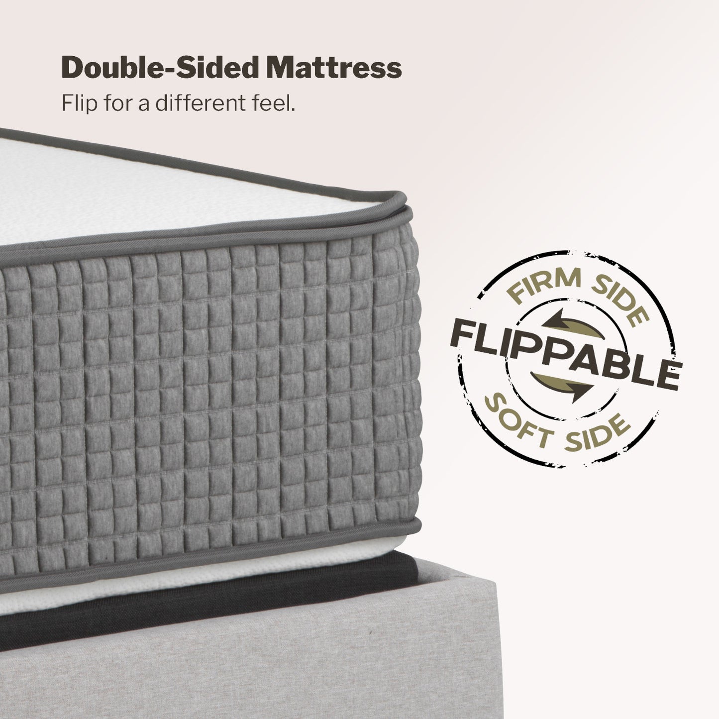 Gray double-sided mattress with 'Flippable' feature label on a white background