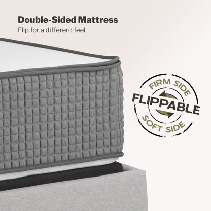 Gray double-sided mattress with 'Flippable' feature label on a white background