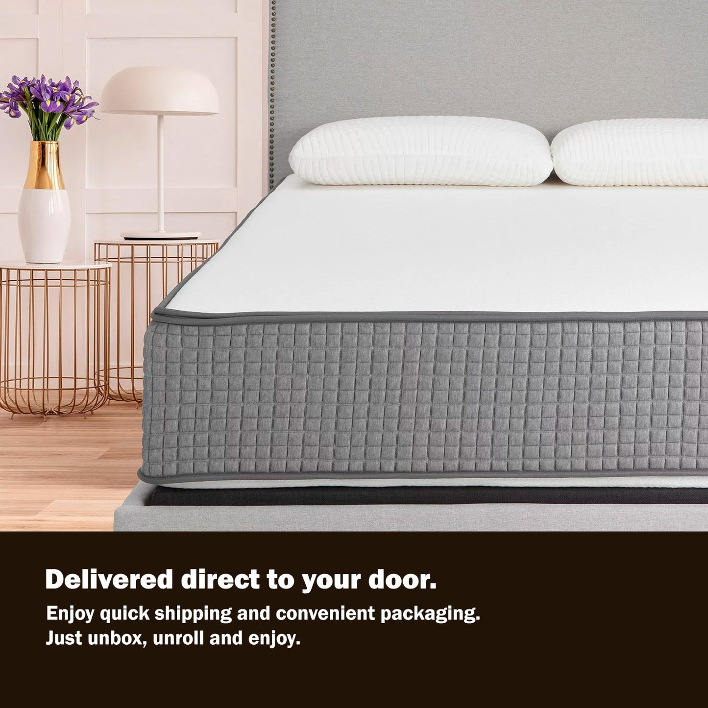 Gray and white mattress on a bed in a bedroom setting with text about delivery and packaging.