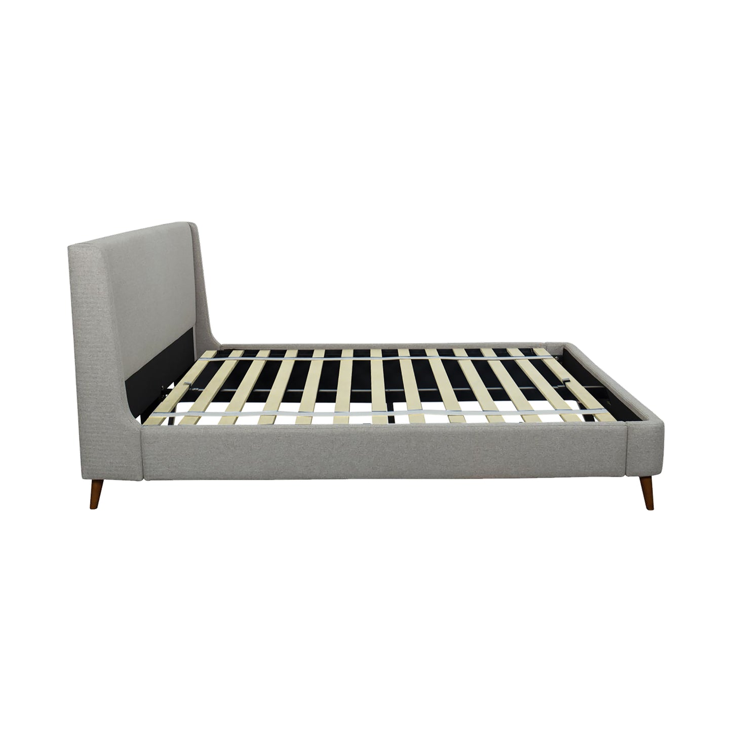 Alder-Gray upholstered platform bed frame with wooden slats on a white background-side view