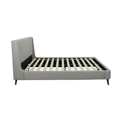 Alder-Gray upholstered platform bed frame with wooden slats on a white background-side view