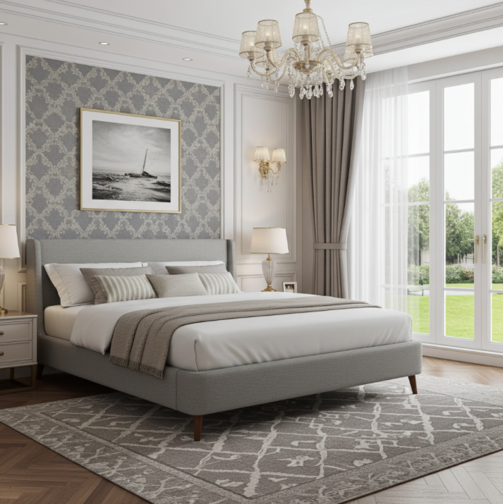 Upholstered platform bed in a luxury bedroom setting. King size bed/mattress