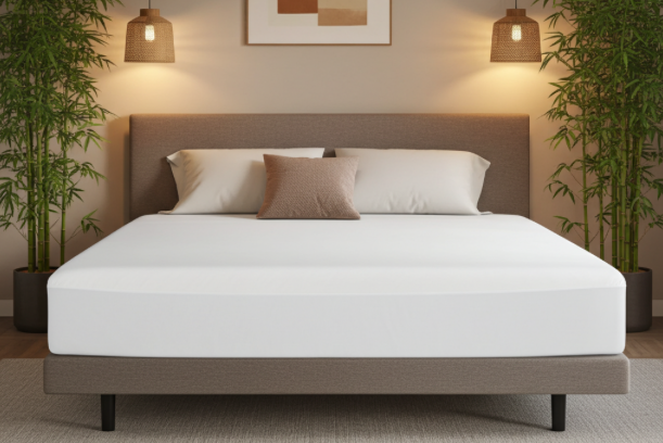 luxury bedroom setting of a Mattress protector made with Rayon / Bamboo fabric. mattress on a queen size upholstered bed