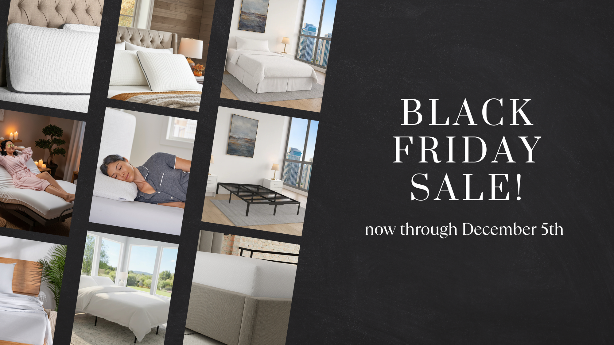 Promotional image for a Black Friday sale with bedroom scenes and text overlay.