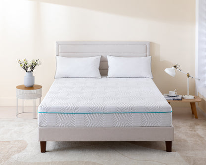 10 inch foam Mattress with white pillows in a bedroom setting.