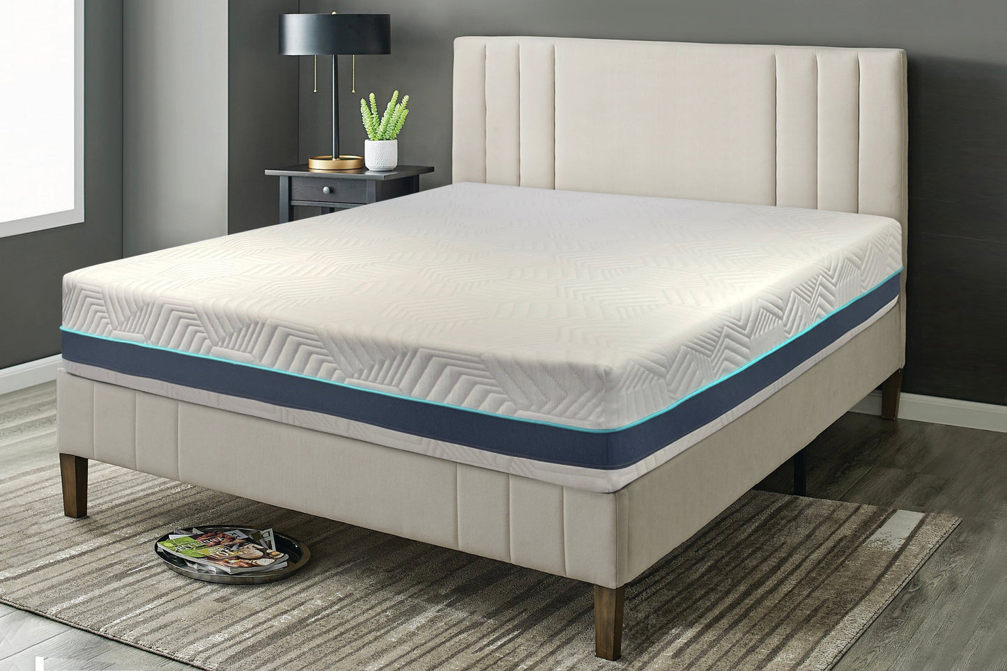 Upholstered Bed with a 12 inch foam mattress in a bedroom setting
