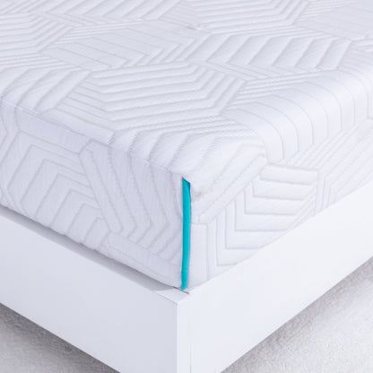 White 8 inch foam mattress in queen size with geometric pattern on a bed frame