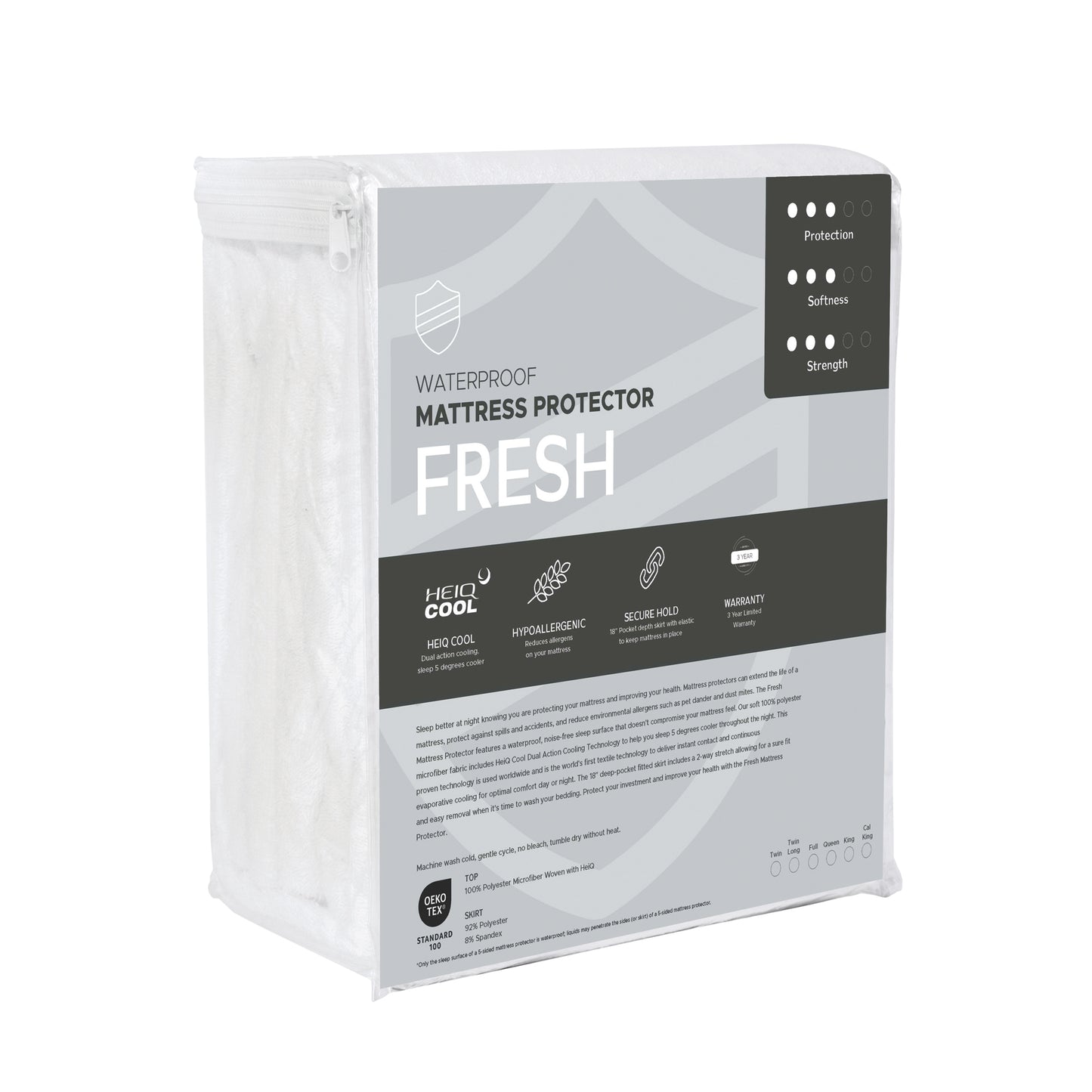 Waterproof mattress protector called Fress. packaging with text on a white background