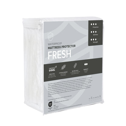 Waterproof mattress protector called Fress. packaging with text on a white background