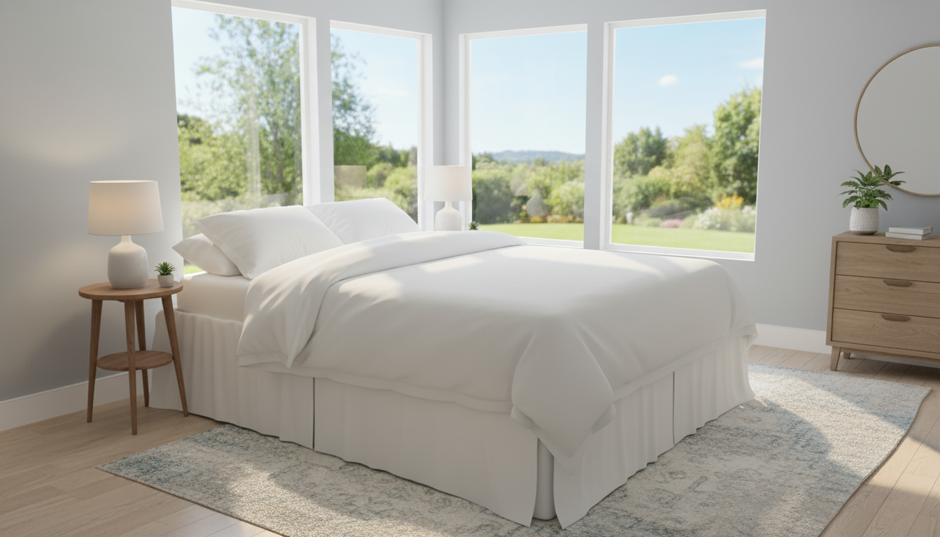 Steel Folding base with mattress and bedding in a well lit room with large windows. There is a bedskirt added  to show that the space can be covered for hidden storage