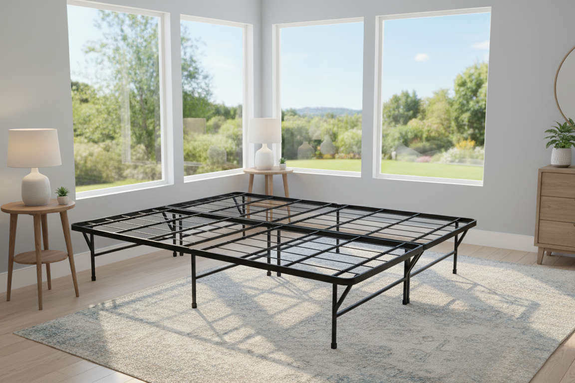 Steel Folding base without mattress and bedding in a well lit room with large windows