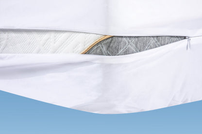 Close-up of a white mattress encasement protector with a textured pattern on a light blue background