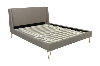 Harbor- Gray upholstered platform bed frame with wooden slats on a white background