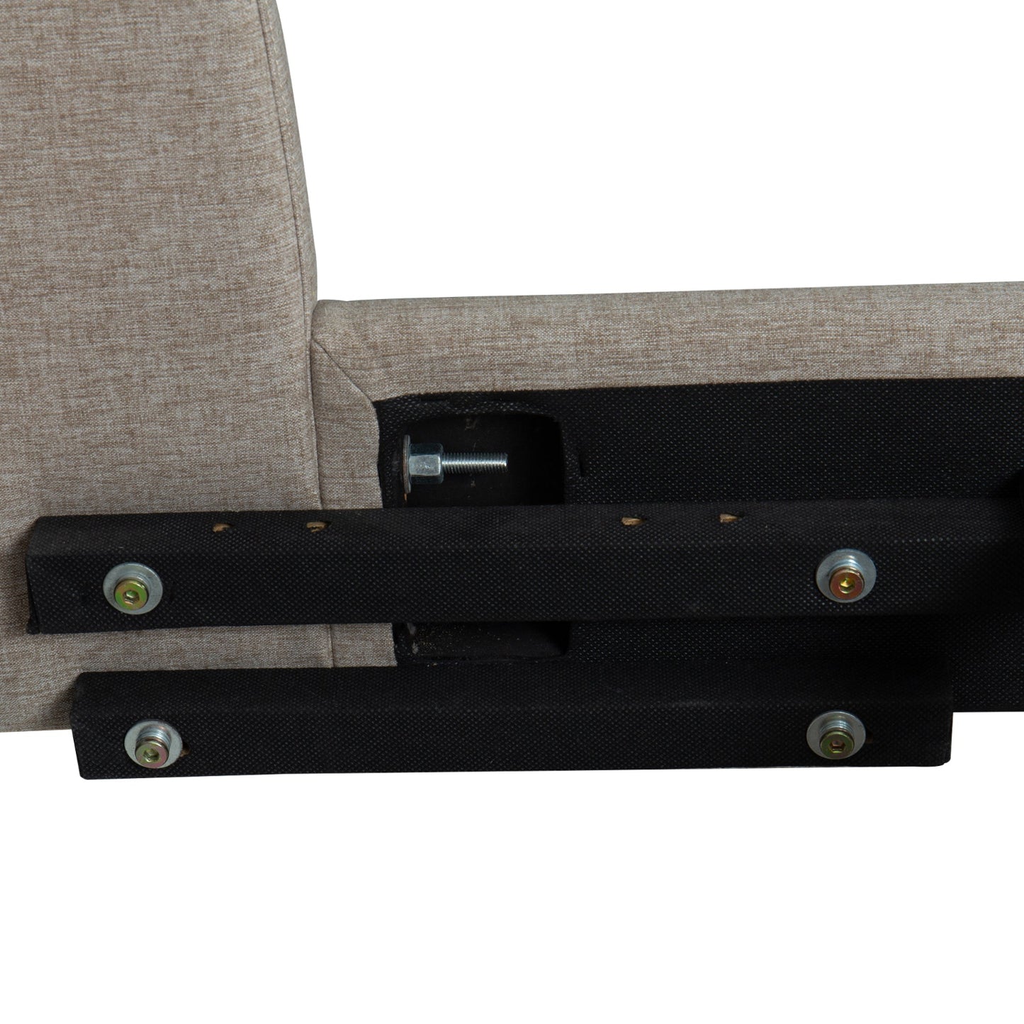 Close-up of a gray upholstered side rails with black metal brackets on a white background