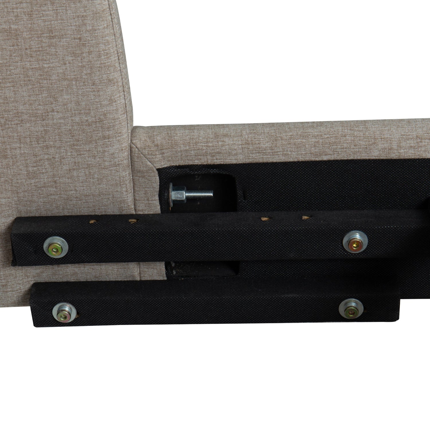 Close-up of a gray upholstered side rails with black metal brackets on a white background