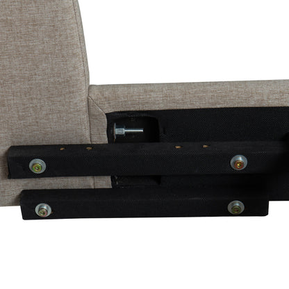 Close-up of a gray upholstered side rails with black metal brackets on a white background