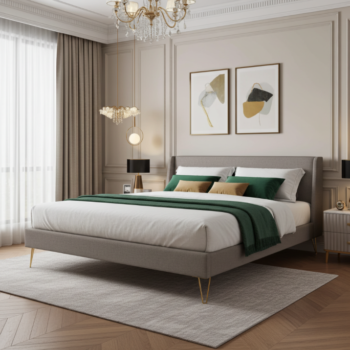 Upholstered bed with white and green bedding, bed with brass legs. Bedroom setting