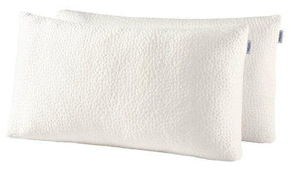 Two white textured shredded memory foam pillows on a white background