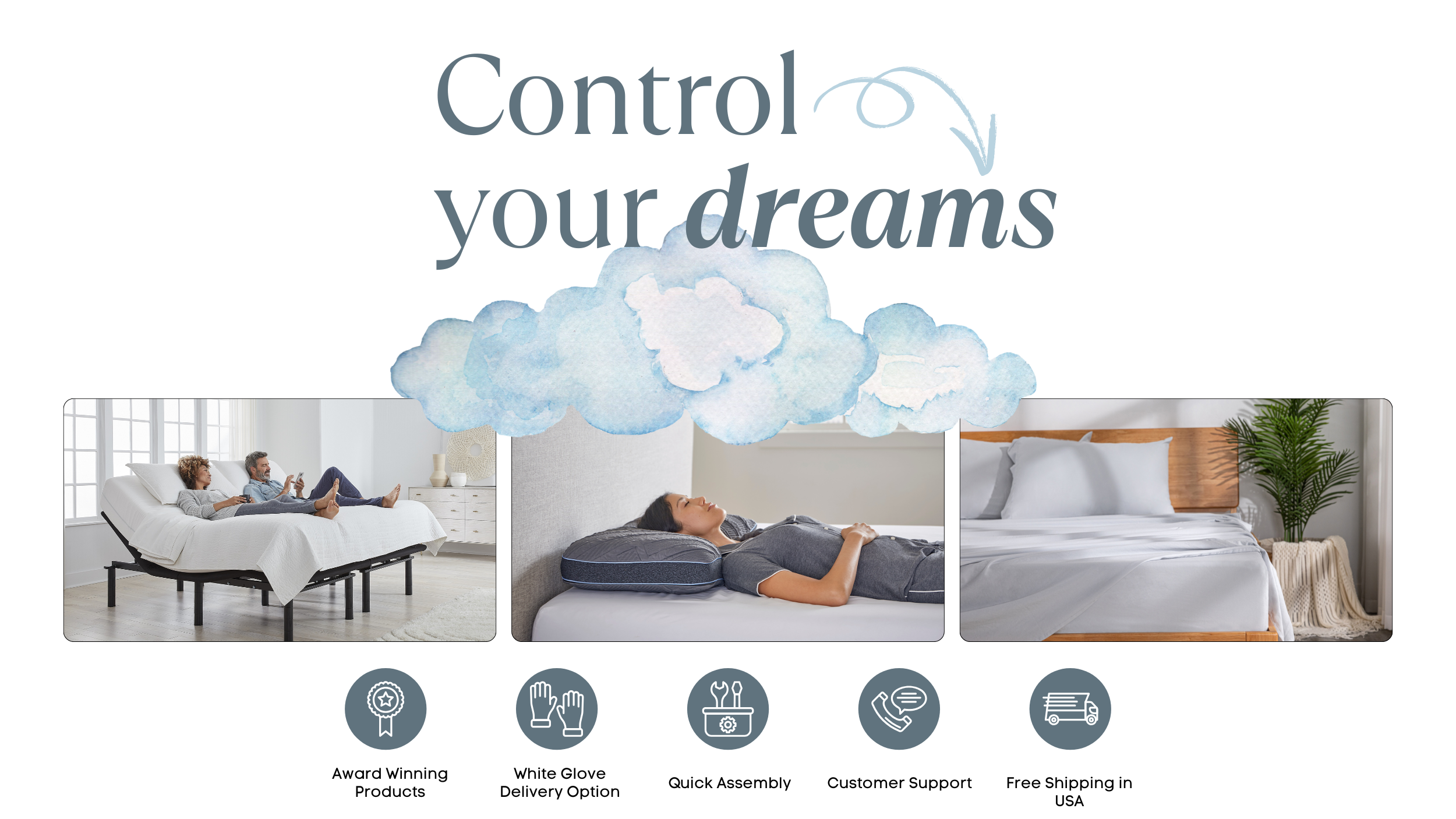 Home page graphic with text "Control your dreams". Images of an adjustable bed base, woman sleeping on a cooling pillow, and sheets on a mattress. bedroom setting