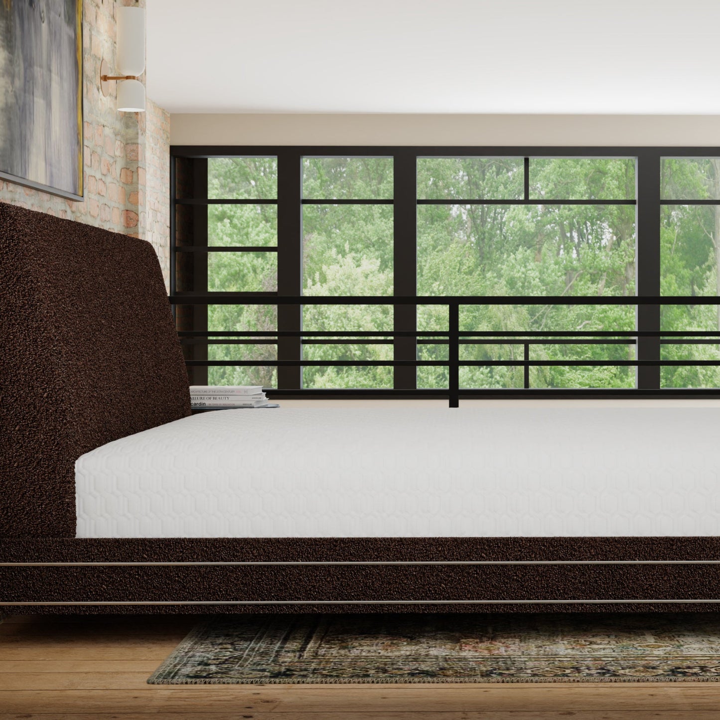 Modern bedroom with a large window view of greenery. The mattress is covered with ICE mattress protector. queen size