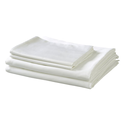 Set of Ivory folded bed sheets on a white background. 1 Flat sheet, 1 fitted sheet, and 2 pillow cases (for Queen/King/Cal-king)