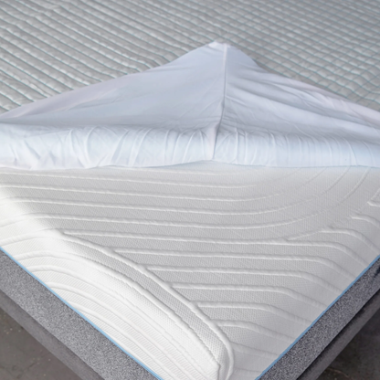 Close-up of a mattress protector on a bed/mattress. shows underside cooling element.