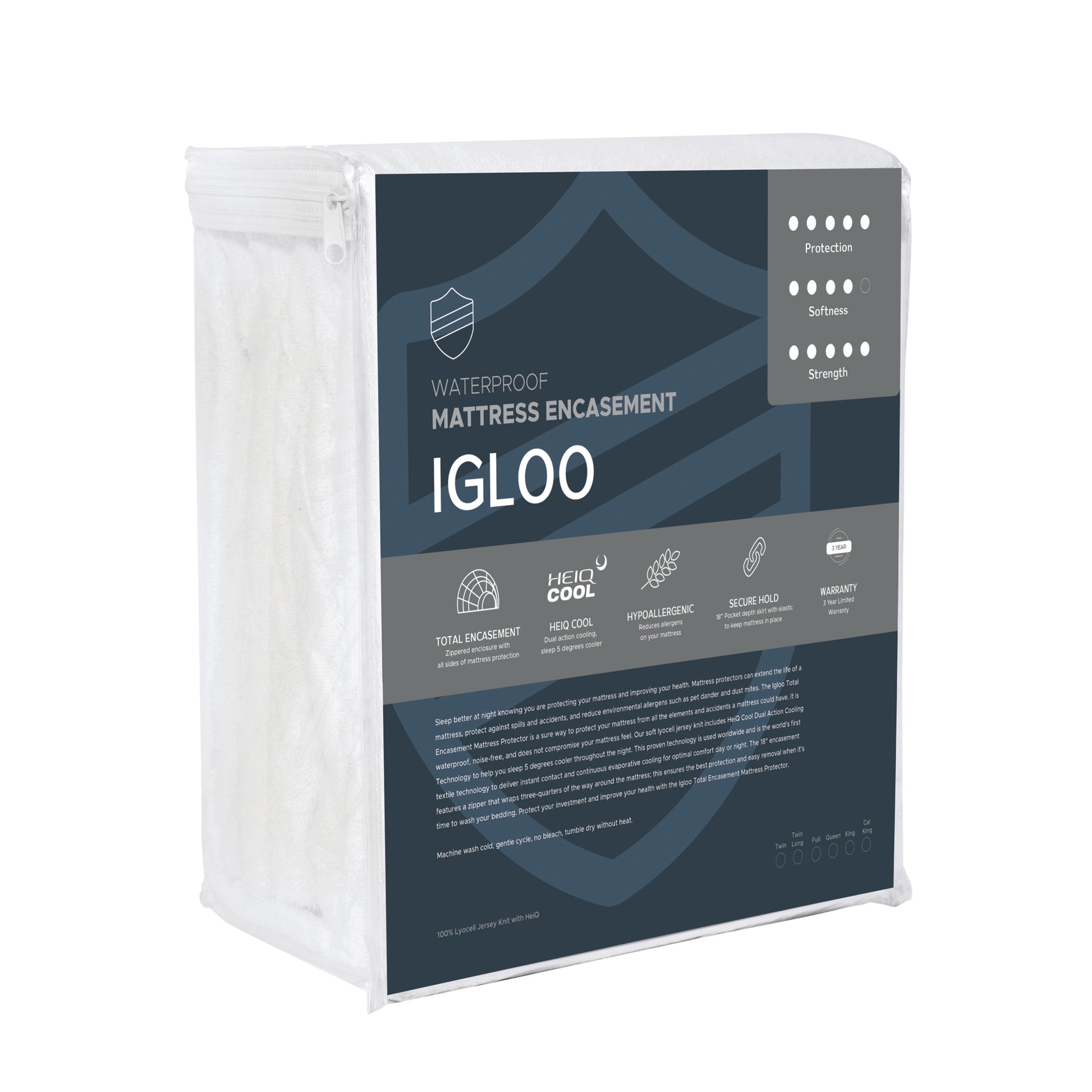 Waterproof mattress encasement packaging with 'IGLOO' branding on a white background