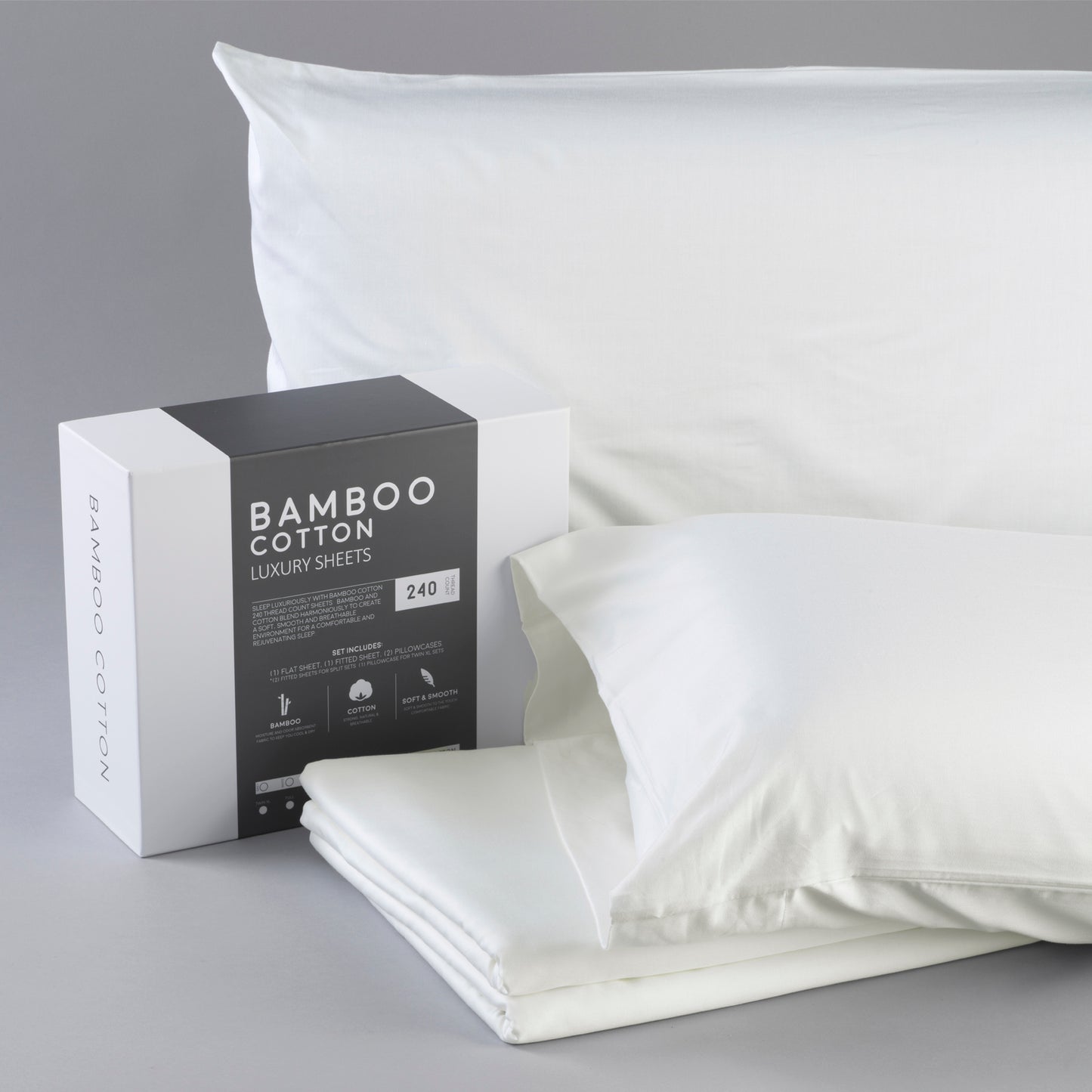 Bamboo cotton luxury sheets with packaging on a gray background