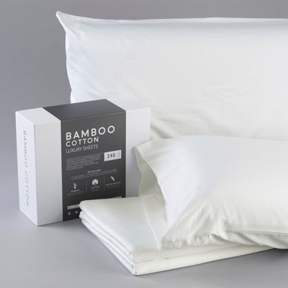 Bamboo cotton luxury sheets with packaging on a gray background